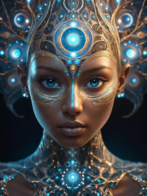 (8k, RAW photo, highest quality), hyperrealistic abstract style portrait of an otherworldly being with metallic skin, glowing orbs for eyes, and intricate fractal patterns emanating from their face, non-representational, colors and shapes, expression of feelings, imaginative, highly detailed