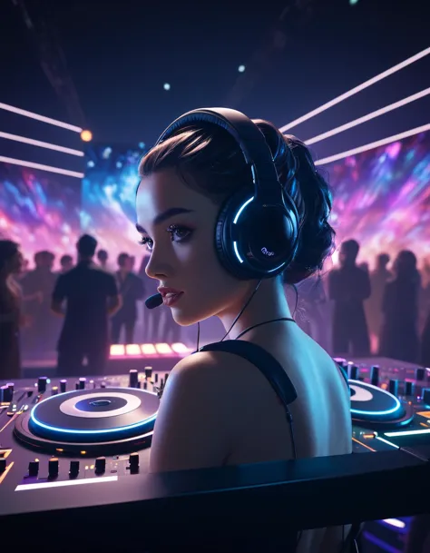 a dj  on stage spinning records with headphones looking over crowd dancing at a club, photorealistic, unreal engine 5, trending on artstation, high detailed, high quality, 8 k, soft lighting, path traced, starry background, bloom, high coherence, symmetrical, high contrast, digital art, serene landscape, cinematic