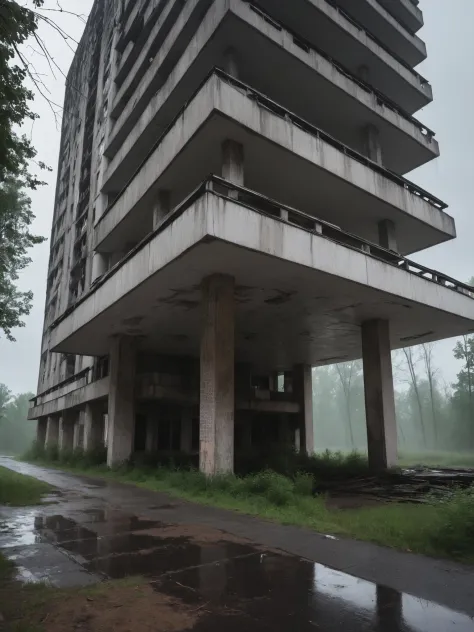 ((melhor qualidade)), ((obra de arte)), arquitetura brutalista abandonada de Pripyat, Dia chuvoso, trovão, trovãobolt, foto DSLR hiper-realista, nikon d5,preto,Escuro,névoa,Horror