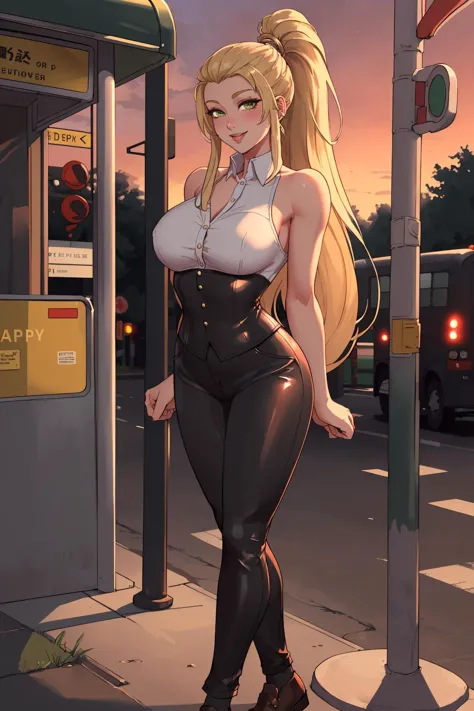 masterpiece, best quality, <lora:EPfeJade-06:0.7>, EPfeJade, blonde hair, very long hair, large breasts, ponytail, repetition, bus stop, dusk, arms behind back, shirt, bare shoulders, leather pants, dress shoes, happy