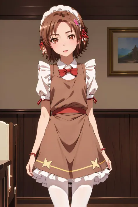 (masterpiece, best quality), 1girl,  <lora:yukimura kusunoki s2-lora-nochekaiser:1> yukimura kusunoki, short hair, brown hair, hair ornament, ribbon, (brown eyes:1.3), hair ribbon, star \(symbol\), star hair ornament, bow, pantyhose, apron, maid, maid headdress, white pantyhose,