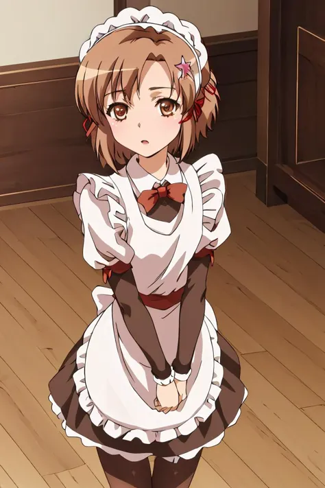 a close up of a woman in a maid outfit standing on a wooden floor