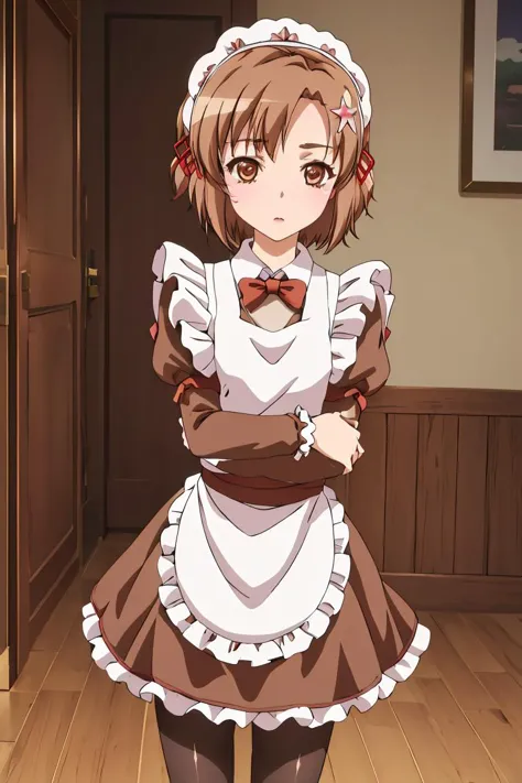 a woman in a maid outfit standing in a room