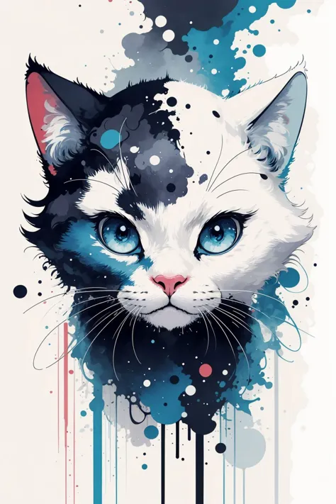 masterpiece, best quality, cat, large eyes, (cartoon), upper body, splashing, abstract, psychedelic, (neon:0.8), extremely detai...