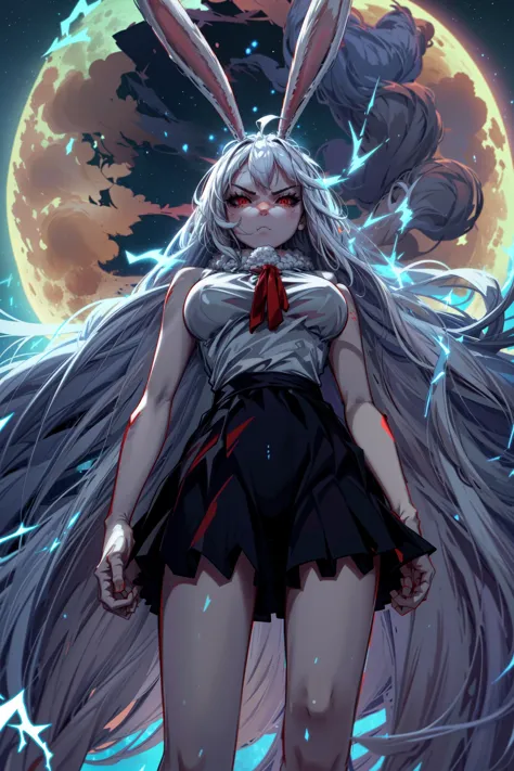1girl,CarrotSulong,sulong,bunny hears,white hair,long hair,red eyes,(glowing eyes),serious expression, angry eyes,(from below),s...