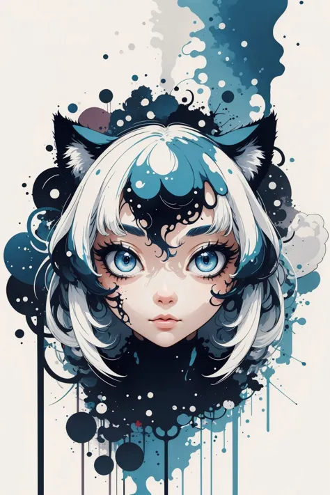 masterpiece, best quality, cat, large eyes, (cartoon), upper body, splashing, abstract, psychedelic, (neon:0.8), extremely detai...