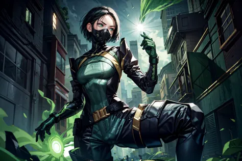 1girl,valorantviper,black hair,short hair,green eyes,(glowing eyes),green bodysuit, elbow gloves, belt, thigh boots,gasmask,expr...