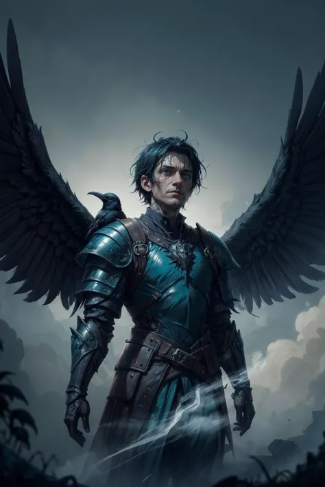 a man with wings standing in the dark