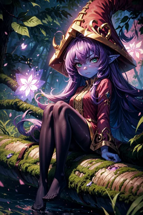 1girl,lulu \(league of legends\),child,extremely small,colored skin,(purple skin:1.2),purple hair,long hair,(green eyes1.2),hat,...