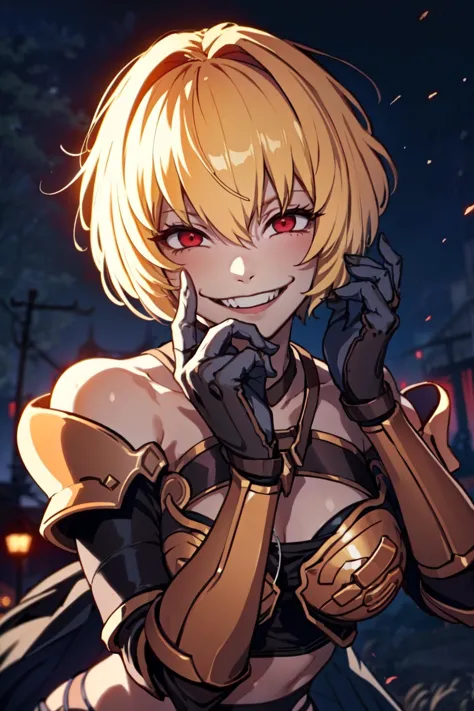 1girl,clementine \(overlord\),armor,garter belt,gauntlets,blonde hair,short hair,red eyes, glowing eyes,smile,psycho smile,mouth...