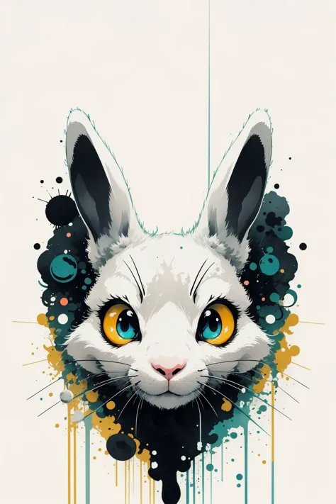 masterpiece, best quality, (rabbit) bunny, large eyes, (cartoon), splashing, abstract, psychedelic, (neon:0.8), extremely detail...