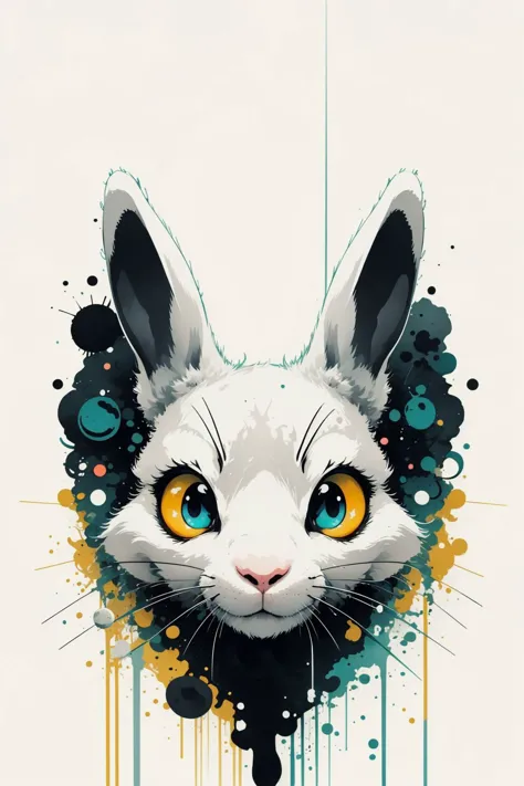 a close up of a cat with yellow eyes and a splattered background