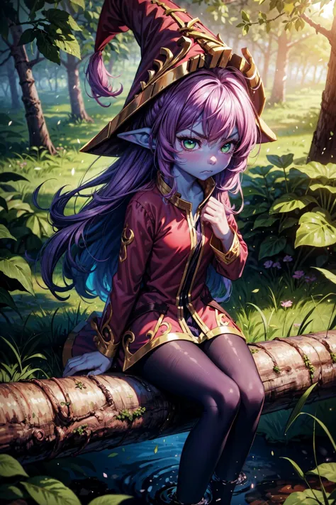 1girl,lulu \(league of legends\),child,extremely small,colored skin,(purple skin:1.2),purple hair,long hair,(green eyes1.2),hat,...