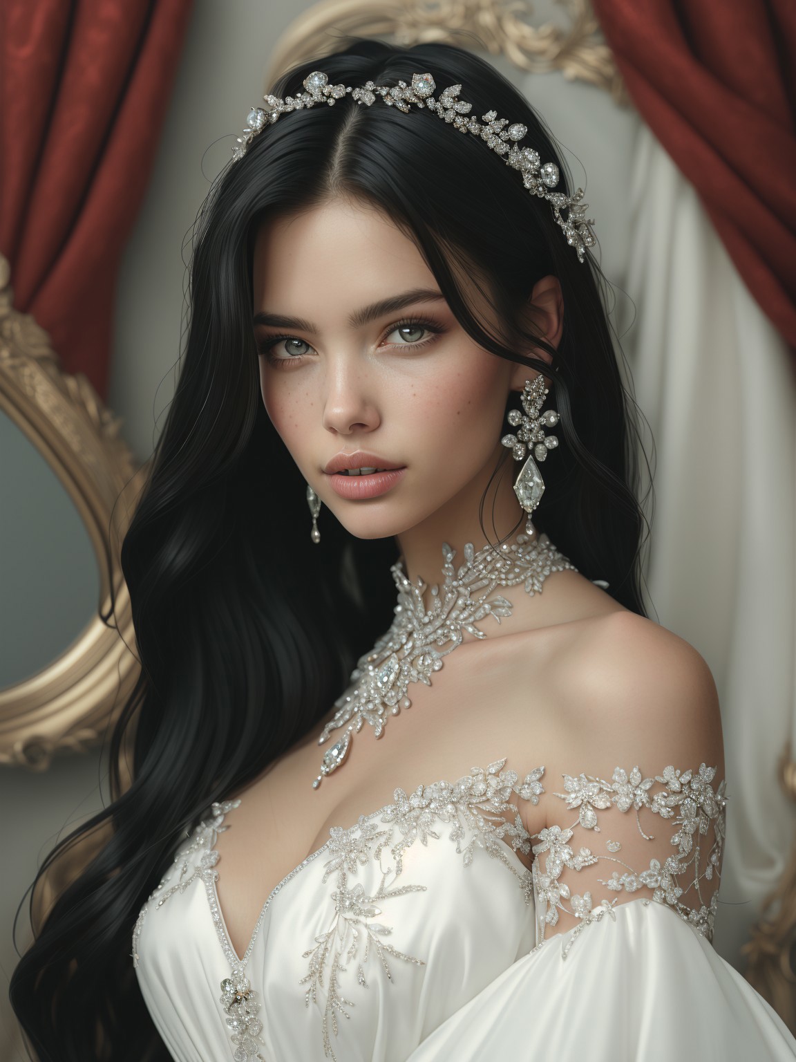 A woman in a wedding dress with a veil and jewelry - SeaArt AI