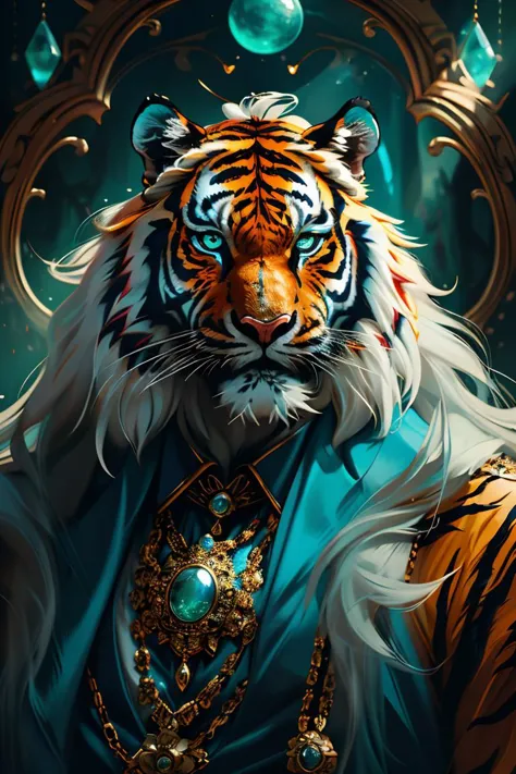 masterpiece, high quality, Gangster character tiger, long hair, in style of moonstones and aquamarines, <lora:J_gemstone:0.8> j_...
