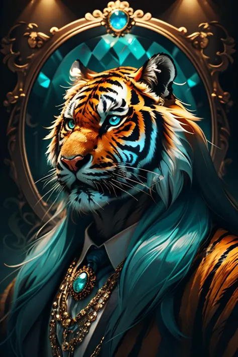 masterpiece, high quality, Gangster character tiger, long hair, in style of moonstones and aquamarines, <lora:J_gemstone:0.7> j_...