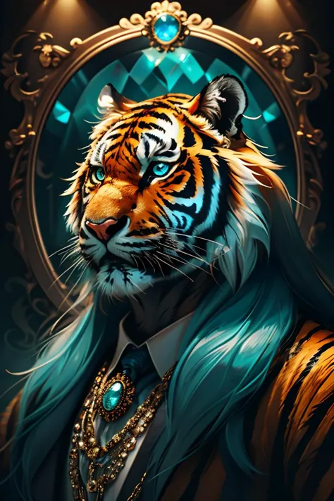 obra de arte, alta qualidade, Tigre de personagem gangster, cabelo longo, no estilo de pedras da lua e águas-marinhas, J._pedra preciosa