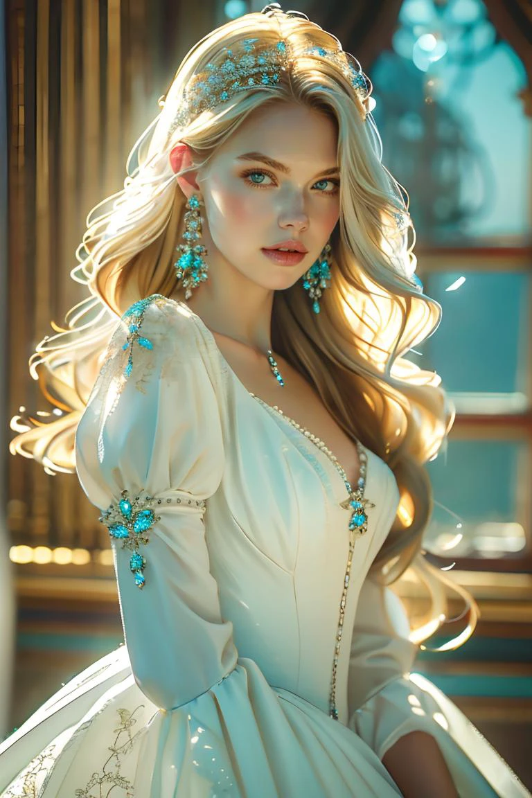 Obra de arte, alta qualidade, uma linda garota, cabelo loiro longo,vestido branco, no estilo água-marinha e diamante j_pedra preciosa