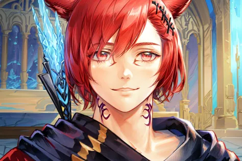 anime girl with red hair and horns holding a sword