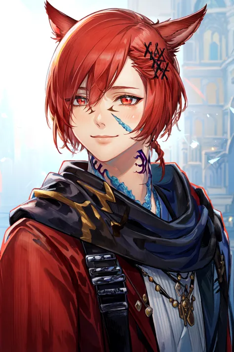 a close up of a person with red hair and a red coat