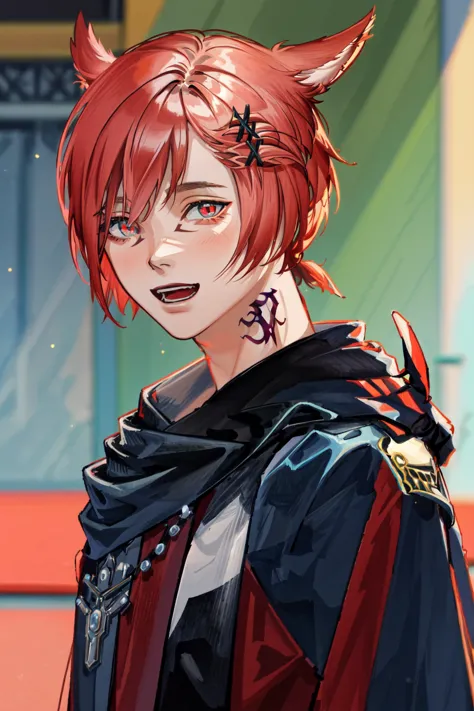 a close up of a person with red hair and a red demon's head