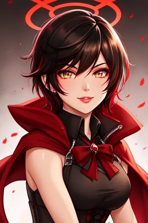 ruby rose, rwby, solo, close-up, portrait, looking at viewer, come hither, seductive smile, naughty face, lips, multicolored hair, two-tone hair, gradient hair, black hair, short hair, colored tips, spiky hair, grey eyes, glowing eyes, halo, tanned, biceps...