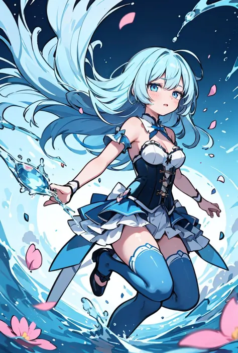 (masterpiece, best quality), 1girl, light blue hair, water hair, light blue eyes, flying petals, water blade, light blue water magic circle, light blue corset, black thighhighs, sidelighting, light particles, abstract,