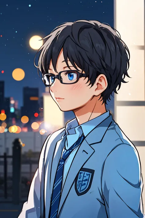 1boy, kousei arima, black hair, blue eyes, glasses, school uniform, night, starry sky, city park, (blurry background, blurry for...