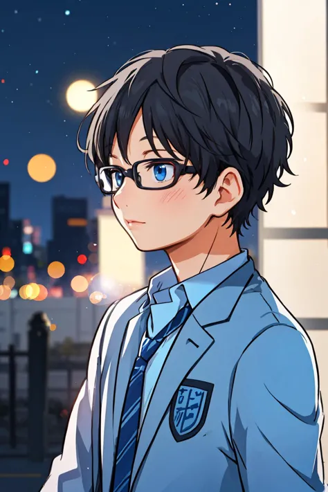 anime boy in a suit and tie standing in front of a city