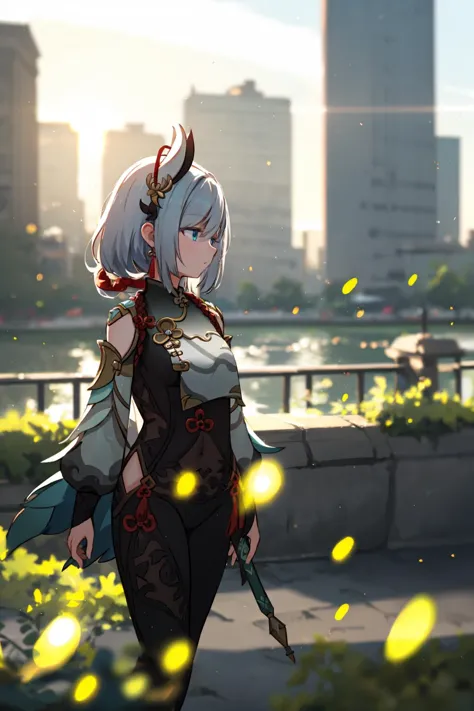 anime girl with long hair and sword walking on sidewalk near water