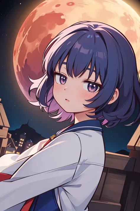 anime girl with purple hair and blue eyes standing in front of a full moon