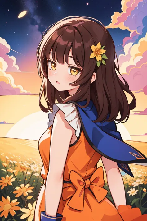 a girl in a yellow dress standing in a field of flowers