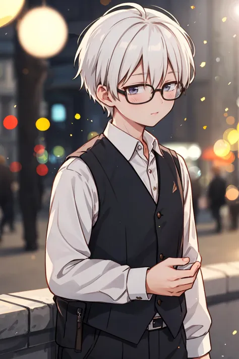 anime boy with white hair and glasses standing on a city street