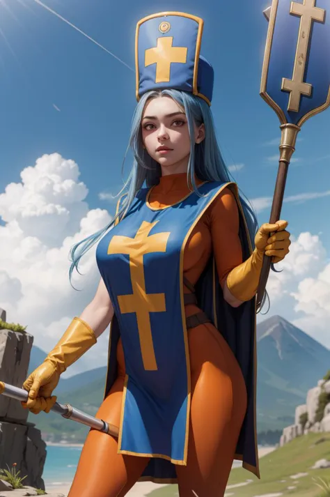 (masterpiece, best quality:1.1), priest \(dq3\), 1girl, solo, long hair, blue hair, red eyes, mitre, tabard, cross print, orange...