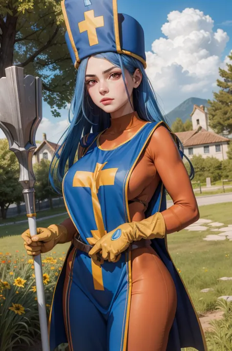 (masterpiece, best quality:1.1), priest \(dq3\), 1girl, solo, long hair, blue hair, red eyes, mitre, tabard, cross print, orange bodysuit, elbow gloves, large breasts, holding, staff, nature, blue sky 