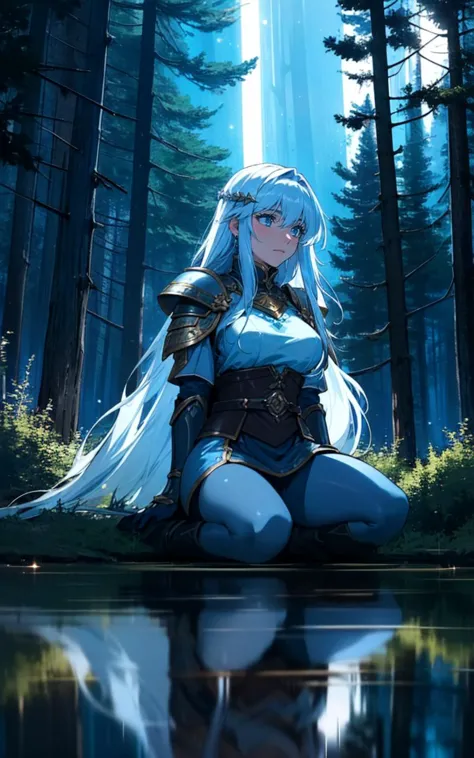 a woman in a blue outfit sitting on the ground in front of a lake