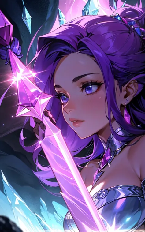 a woman with purple hair holding a sword in her hand