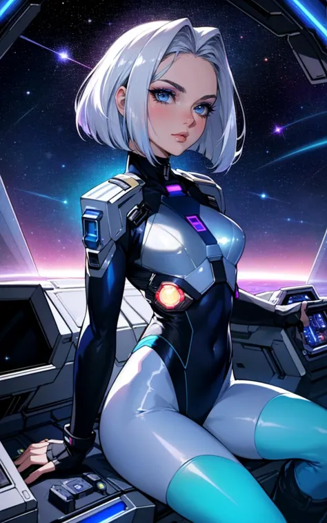 best quality, masterpiece, portrait of a dangerous goddess,  (beautiful busty skinny british woman sitting in spaceship cockpit looking over shoulder at viewer:1.2), (cute face, over the shoulder:1.1), (movie still:1.1), side view, (spaceship cockpit:1.1), glowing holographic instruments, (beautiful face:1.11), from behind, smart fabric flightsuit:1.1, lightweight structured jacket with sharp geometric lines, utility belt, kneehigh boots, fingerless gloves, (large spaceship cockpit with highly polished flooring and stellar view), backlit hair, perfect face, feminine physique, (pale freckles:0.6), (black and silver accents), perfect eyes, low key, joystick++, thin pouting lips, (white++ bob hair, ombre tips:1.2), wide set soft+ turquoise++ eyes, skin pores, (small retrousse nose:1.2), (pale skin), supernova, dramatic angle, eyelid shimmer makeup, silver eyeshadow, iridescent cheekbones, muted rose lips, deep space blue, (available light:0.7), BREAK, starlight silver, nebula pink, black hole black, planetary rings, asteroid clusters, geometric shapes, angular contours, Holographic control panels, chiaroscuro effects, reflective surfaces, starfilled skies, distant galaxies, shimmering surfaces, iridescent scifi materials, clean lines, modernistic details