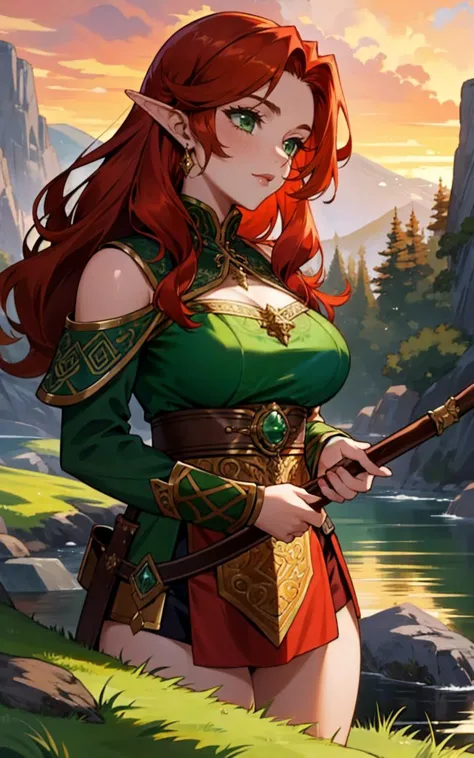 a woman in a green and red outfit holding a sword