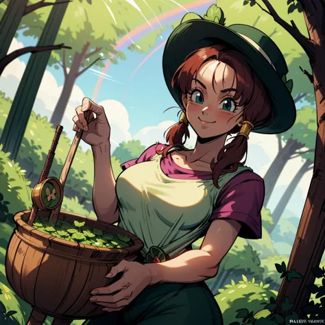 a woman in a hat holding a basket of food in a forest