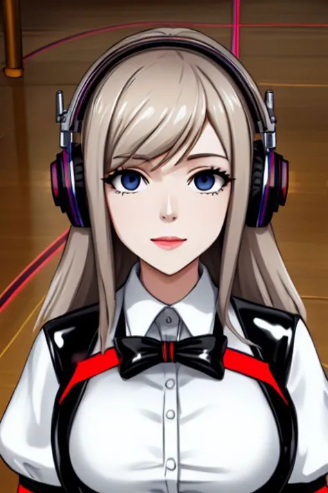 a woman with headphones and a bow tie is standing in a gym