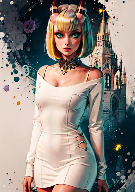 masterpiece, best quality, 1girl, stubby horns, cocktail dress, very short hair, teal eyes, yellow hair, crazy, alabaster skin, purple background, heroic fantasy   <lora:stubby_horns:1>