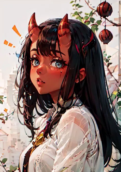 anime girl with horns and a white shirt with a city in the background