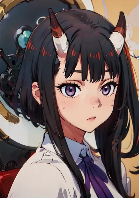 anime girl with horns and a tie standing in front of a machine