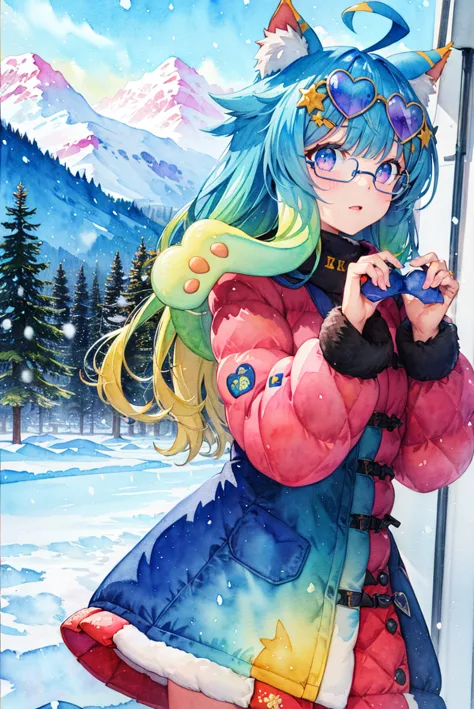 anime girl in a colorful coat and glasses standing in the snow