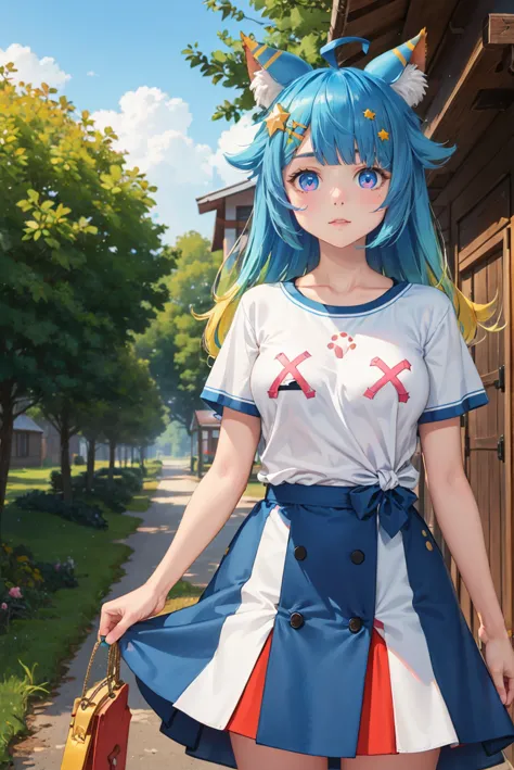 (masterpiece, best quality, beautiful detailed eyes, intricate details), 4k
1girl, solo, standing, outdoors, rural
<lora:mentertainment_lanmewko:1> lanmewko,  paw sidelock, single sidelock, ahoge, star hair ornament
white shirt, short sleeves, blue skirt