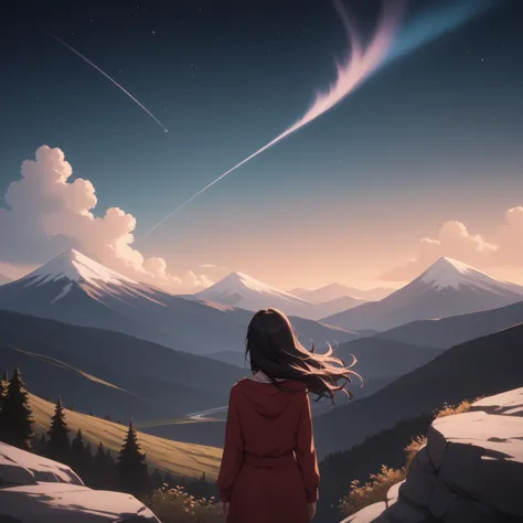 a woman standing on a mountain looking at the stars