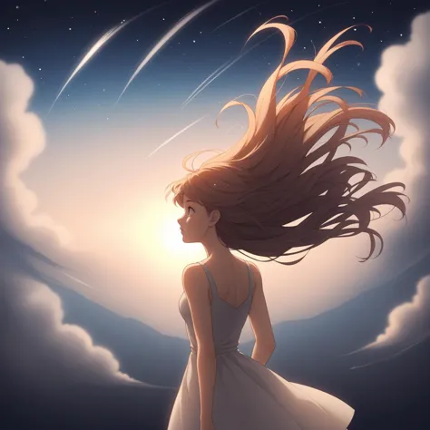 a woman in a white dress standing on a hill looking at the sky