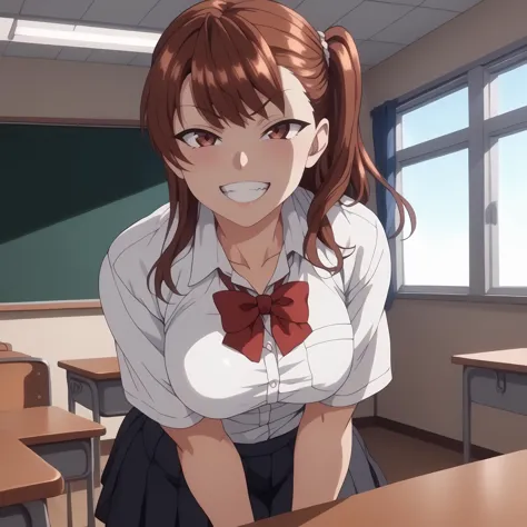 anime girl in a school uniform standing in front of a desk