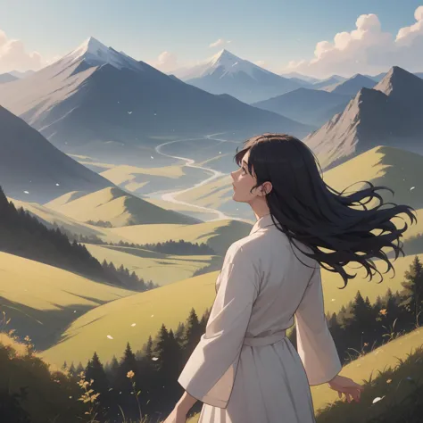 anime girl looking at the mountains with her hair blowing in the wind